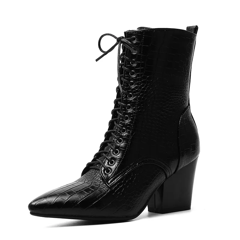 Black Пикантные женские ботильоны; белые короткие плюшевые зимние ботинки с узором «крокодиловая кожа»; Женская Офисная обувь на высоком массивном каблуке со шнуровкой - Цвет: Black