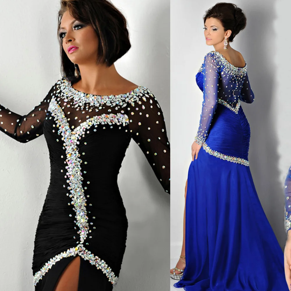 

2018 Sexy robe de soiree Black Royal Blue Crystal Long Sleeve Evening Chiffon Mermaid Prom Gown mother of the bride dresses