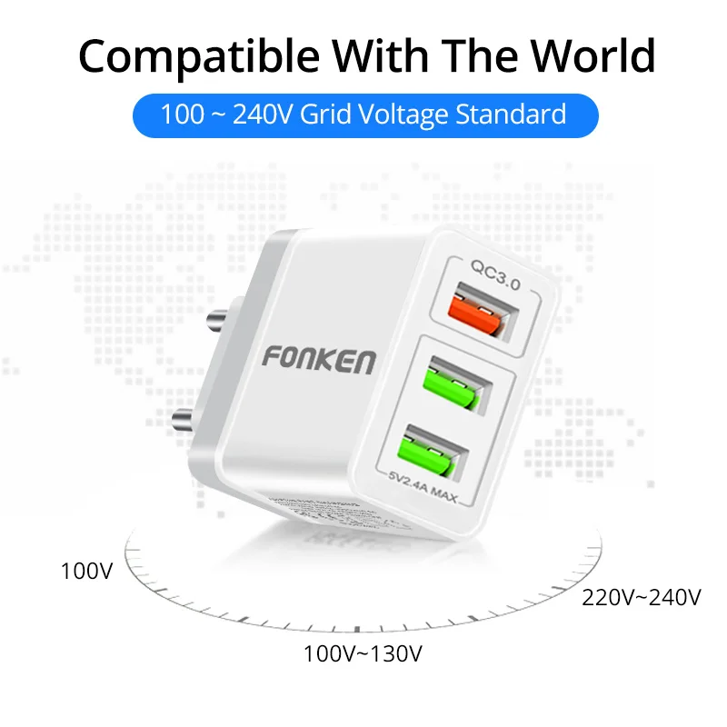 FONKEN USB Charger Quick Charge 3.0 Fast Charger 3 Port QC3.0 QC2.0 Charging for Phone Mobile Tablet Multi Wall Adapter
