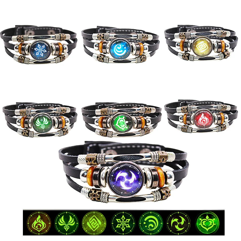 Аниме genshin ударный браслет для женщин и мужчин панк кожаный светящийся глаз Бога