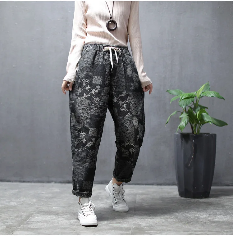 Женские джинсы с винтажным принтом свободные шаровары высокой талией