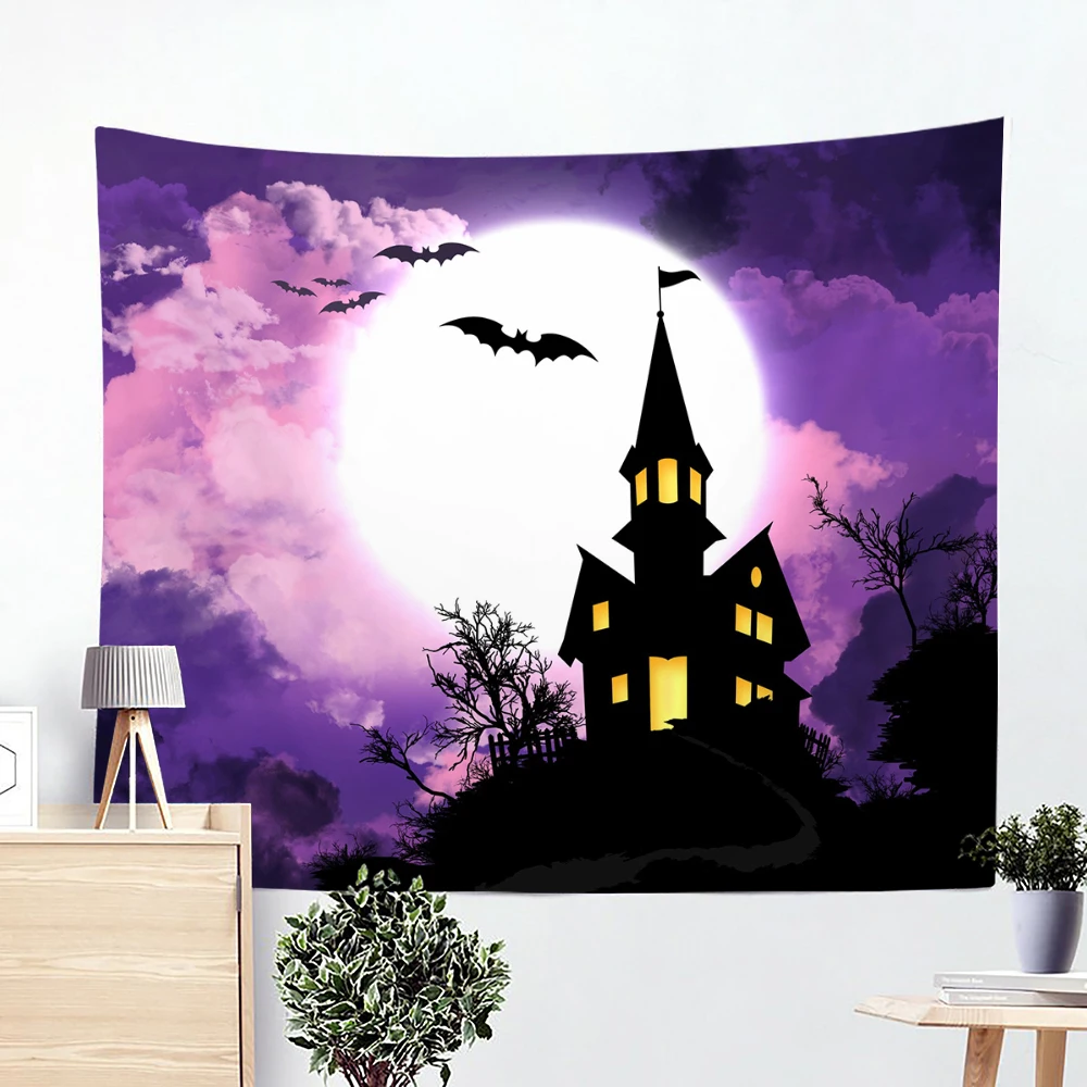 

Watercolor Pumpkin Halloween Gothic Architecture Horror Night Black Wall Decor Tapestry Cover Beach Towel Home Decor Room Decor