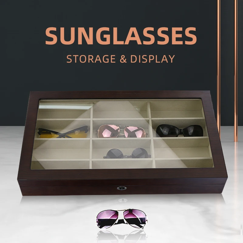 Деревянный стеклянный ящик для хранения 12 солнцезащитных очков с натуральным