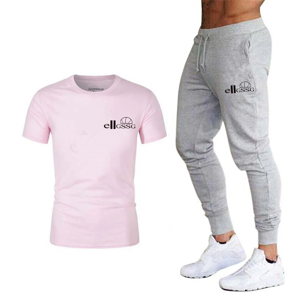 

Men's breathable short-sleeved T-shirt round neck solid color tie feet cotton and linen trousers two-piece youth sportswear