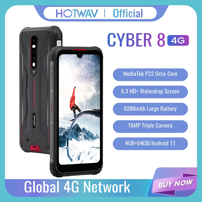 HOTWAV CYBER 8 Global Version Mobile Phone 4GB 64GB Waterproof 8280mAh 16MP Camera 6.3 Inch NFC Android 11 Rugged Smart Phone