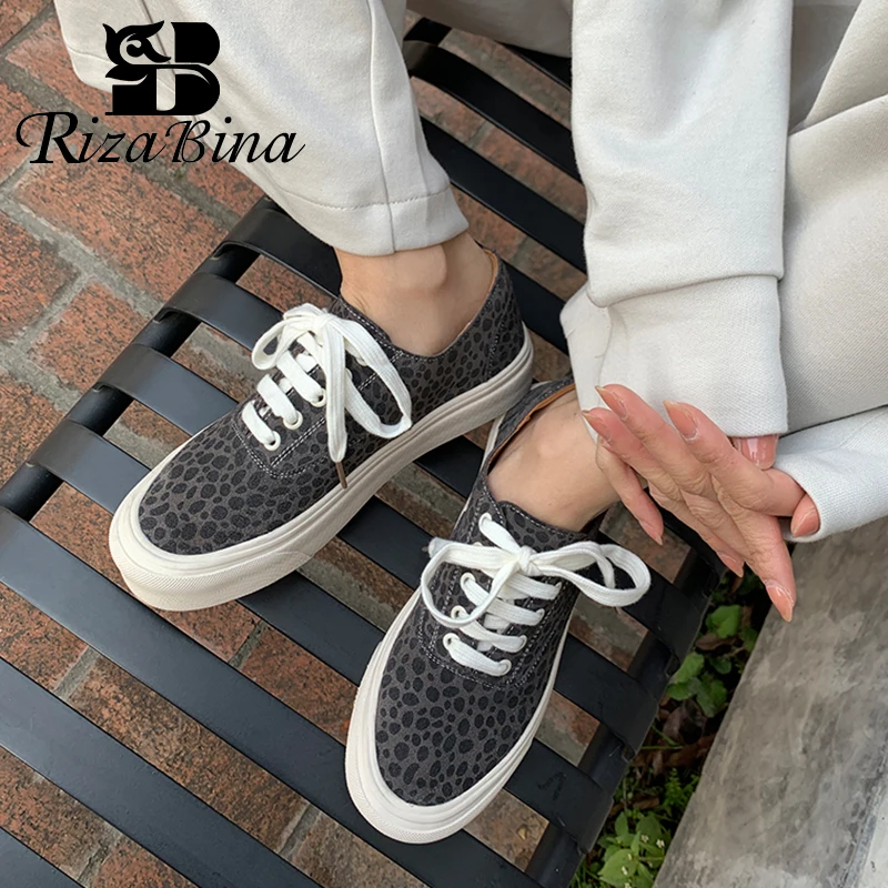 

RIZABINA Real Leather Women Sneakers Fashion Flats Shoes Woman Leopard Lace Casual Daily Lady New Arrival Footwear Size 35-40
