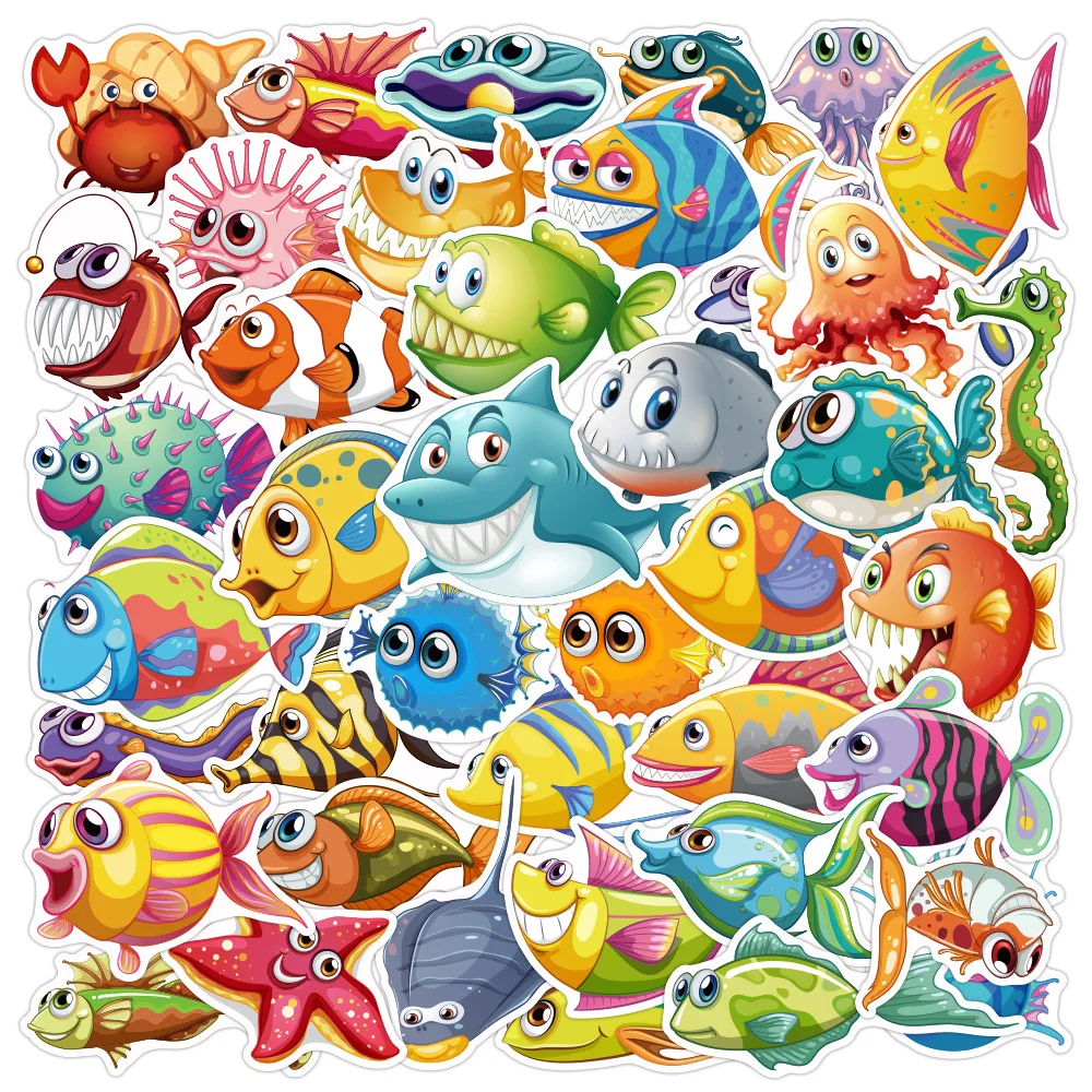 10/40pcs Mixed Cute Undersea Fish Cartoon Stickers Toy for Children Ocean Shark Fish Decal Animal Kids Boy Girl Rewards Sticker