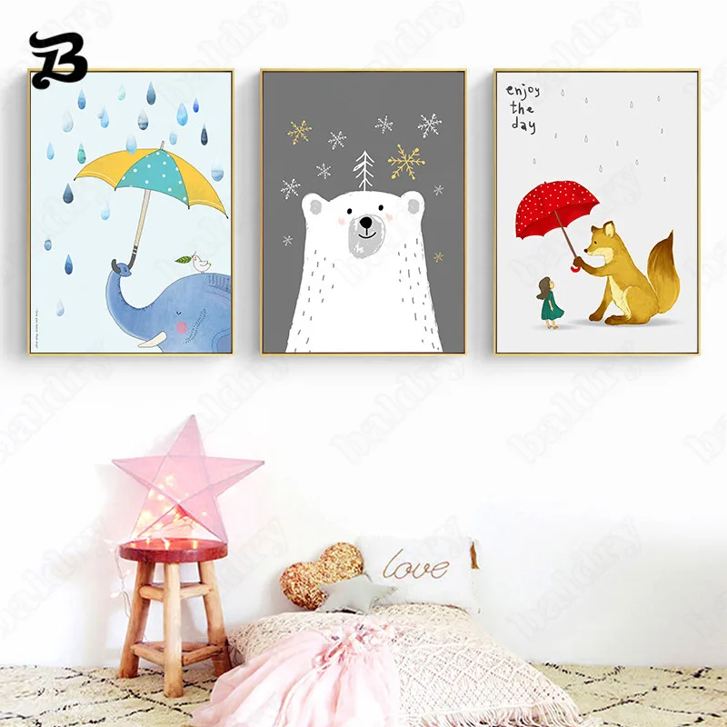 

Canvas Painting Cartoon Animals Nordic Poster Cute Bear Fox Raining Snow Wall Art Print Picture for Baby Kids Room Home Decor