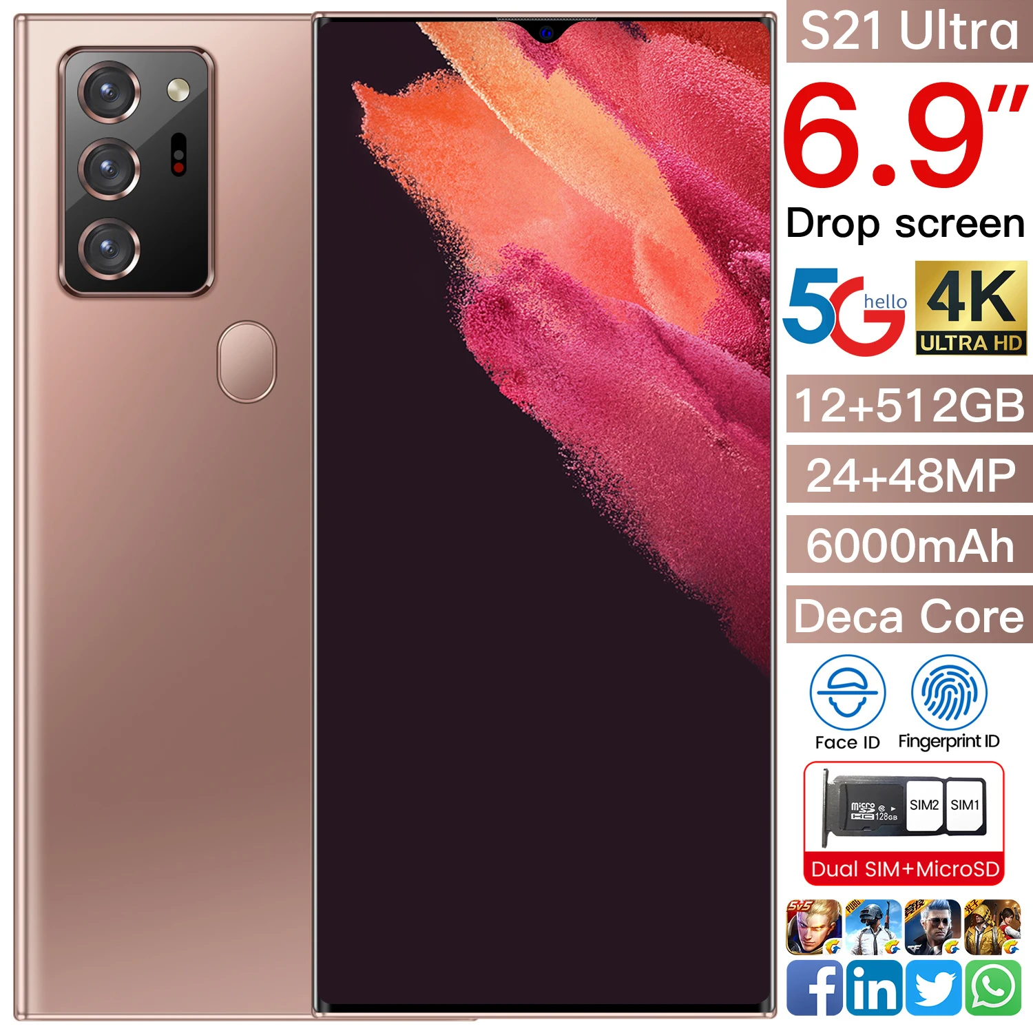 

2021 Global Version Galax 6.9" S21 Ultra Smart Phone 12GB+512GB 6000mAh Snapdragon 865 Android 10.0 Fingerprint Unlock Cellphone