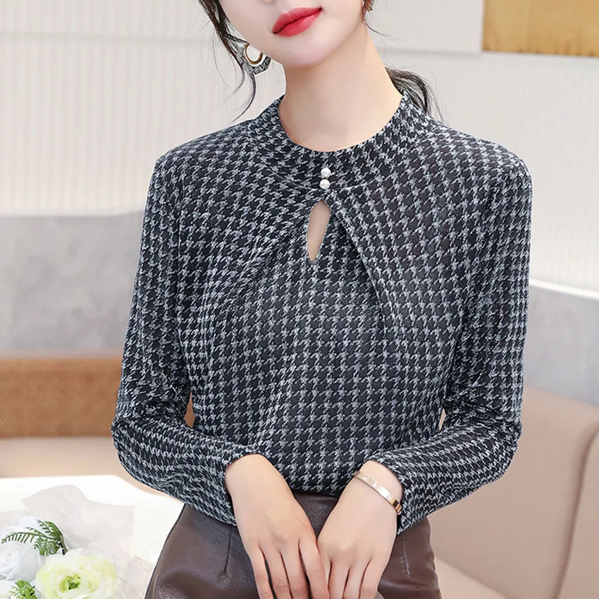 

Korean Fashion Houndstooth Plaid Blouse Women long Sleeve Elegant Shirt Long Sleeve Blusa Feminina Undershirt