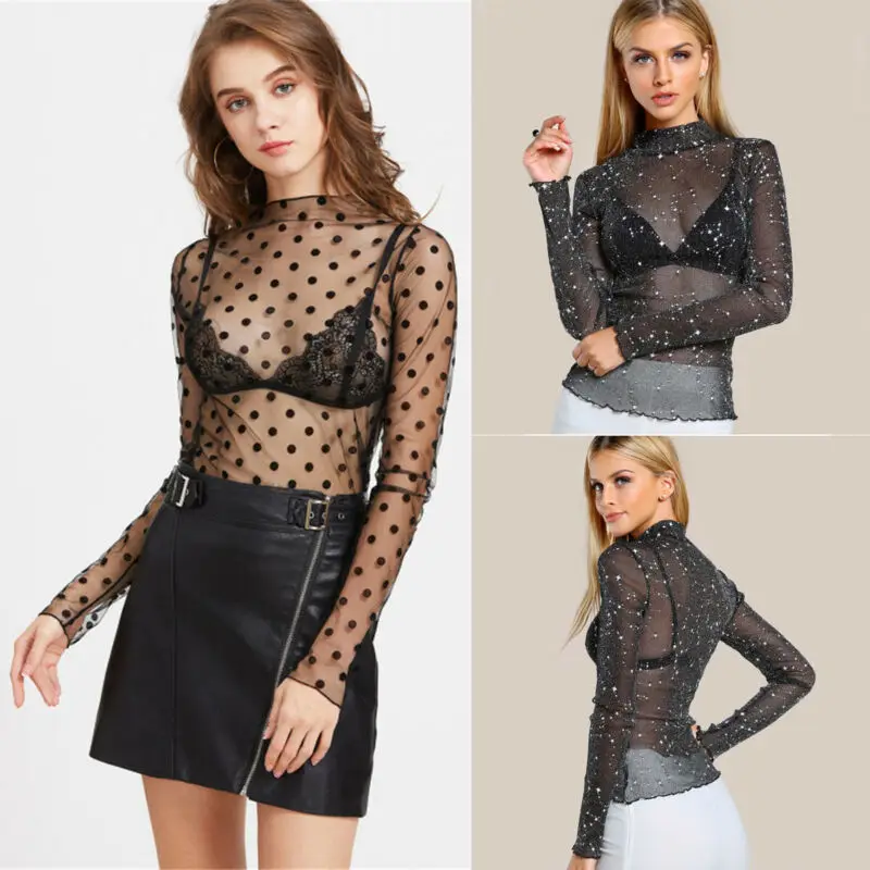 Женская сексуальная сетчатая блузка в горошек с высоким воротом прозрачный топ