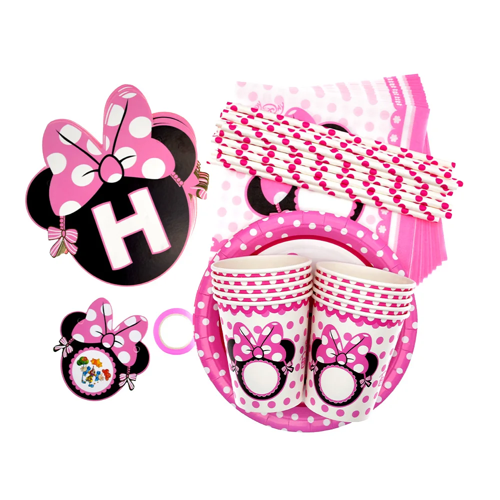 Розовый набор посуды для дня рождения с Минни одноразовой чашки тарелки