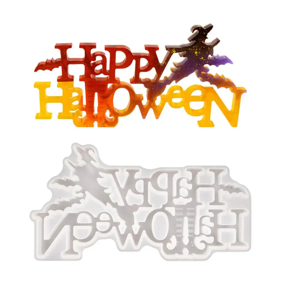 

Silicone Happy Halloween Mold Resin Letters Witch Mould Casting Craft Decor Making Tool Halloween Wall Window Pendants DIY Molds