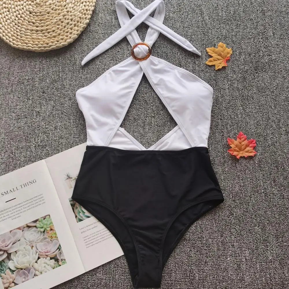 

New 2020 Sexy One Piece Swimsuit Black And White Bikini Halter Bathing Suit Backless Women Summer Plue Size Pool Swimwear