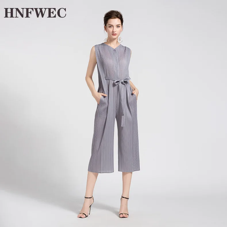 

Summer New High Waist Pleated Jumpsuits Solid Color Sleeveless Slim Solid Office Lady Wide Leg Jumpsuit Women P259