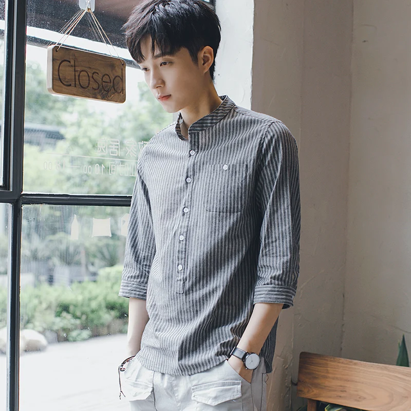 

Summer Men's Men White Shirt 7 Sleeve Trend Slim Collar Stripe Korean Casual Short Sleeve Inch Camisa Masculina Streetwear Hot