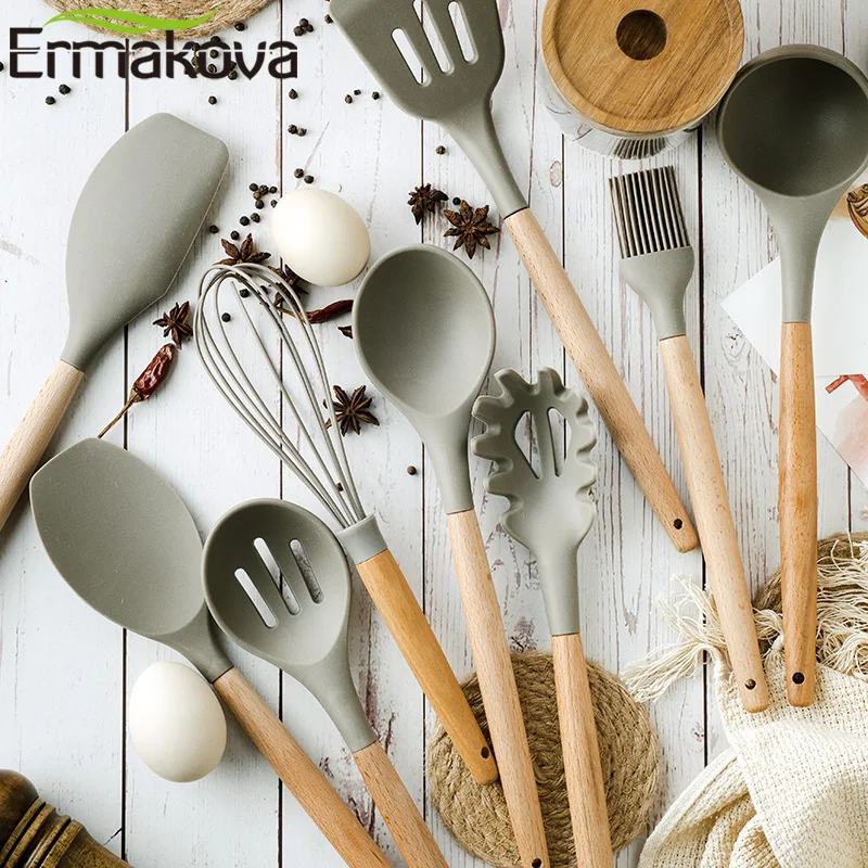 Кухонная утварь ERMAKOVA кухонная с деревянной ручкой Нетоксичная силиконовая
