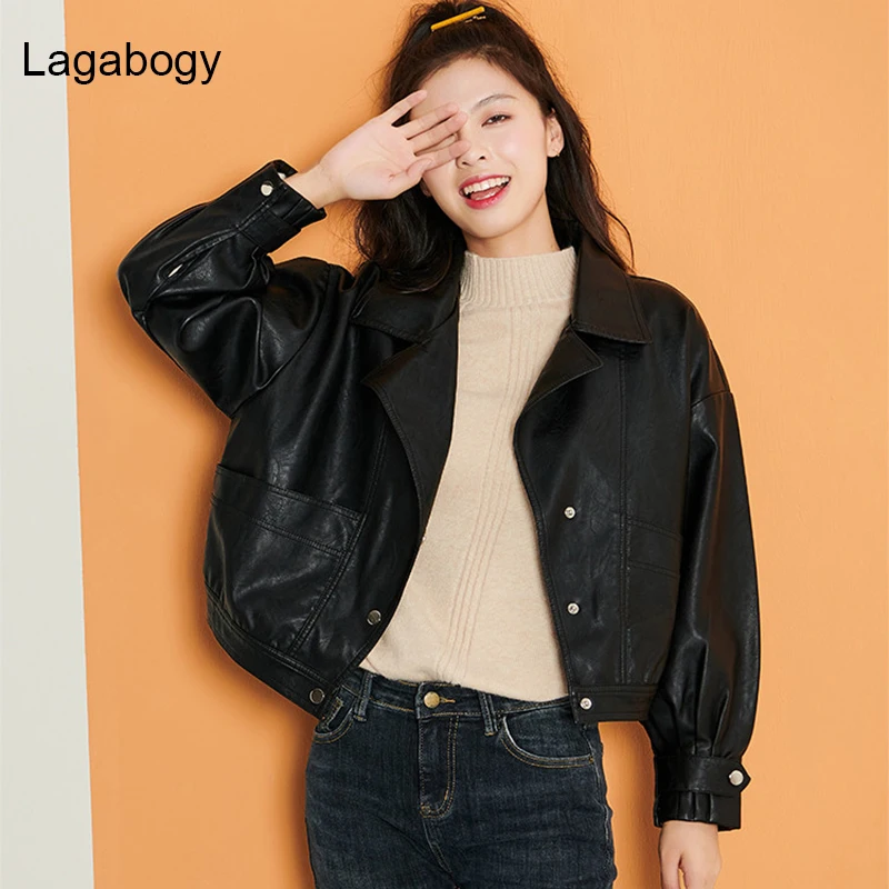 Lagabogy Women PU Leather Jacket Single Breasted Short Motorcycle Punk Coat Female Long Sleeve Loose Faux Leather Bomber Outwear images - 6