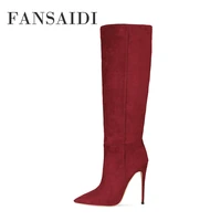 fansaidi winter pointed toe high heels consice sexy red clear heels boots ladies boots new knee high boots 41 42 43 44 45