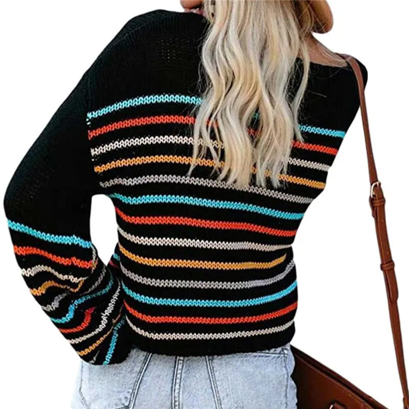 

Women Stylish Colorful Stripes Sweater Fashion Autumn Winter Long Sleeve Pullover Knitwear Tops for Women Ladies