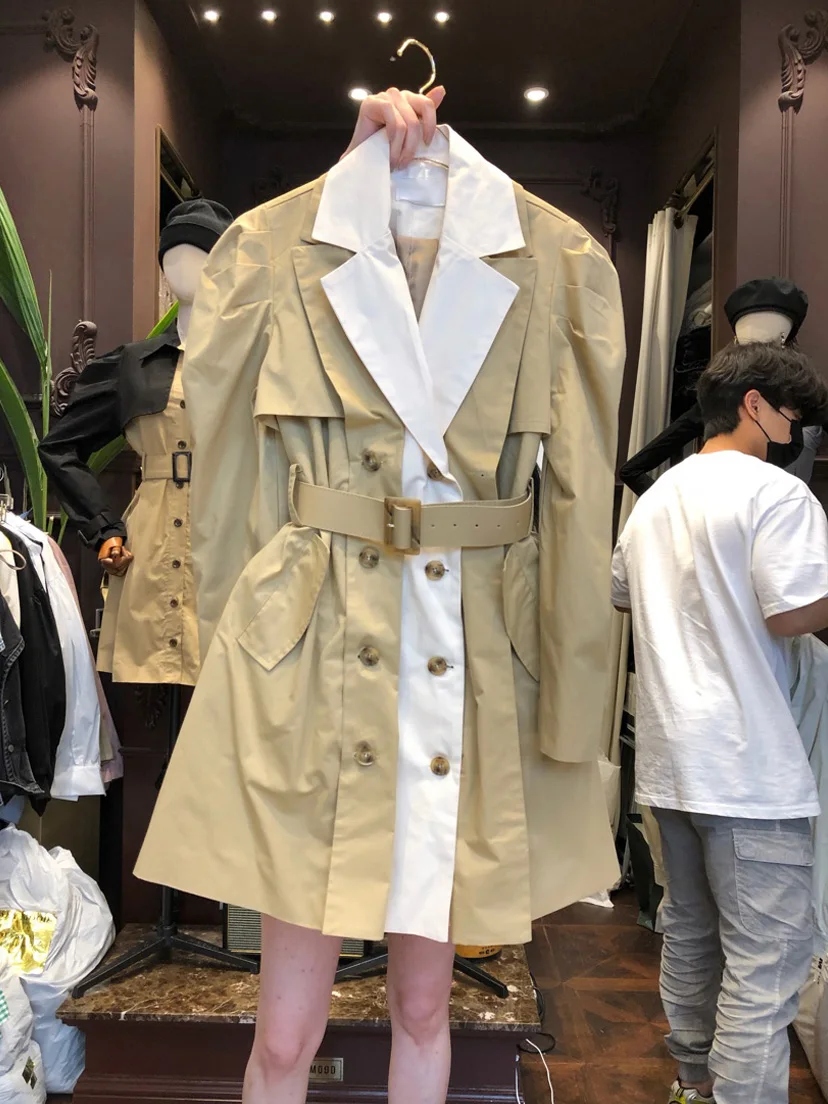 

Korean and japan Design fashion Double-breasted Long trench Top fashion ladies "s Patchwork windbreaker