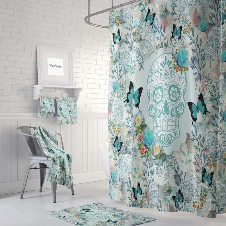 

Sugar Skull Shower Curtain Teal Floral Bathroom Decor