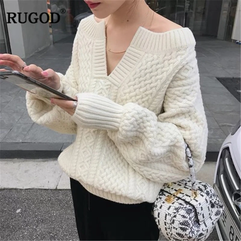 Женский свитер с v-образным вырезом RUGOD корейский теплый пуловер витой вставкой
