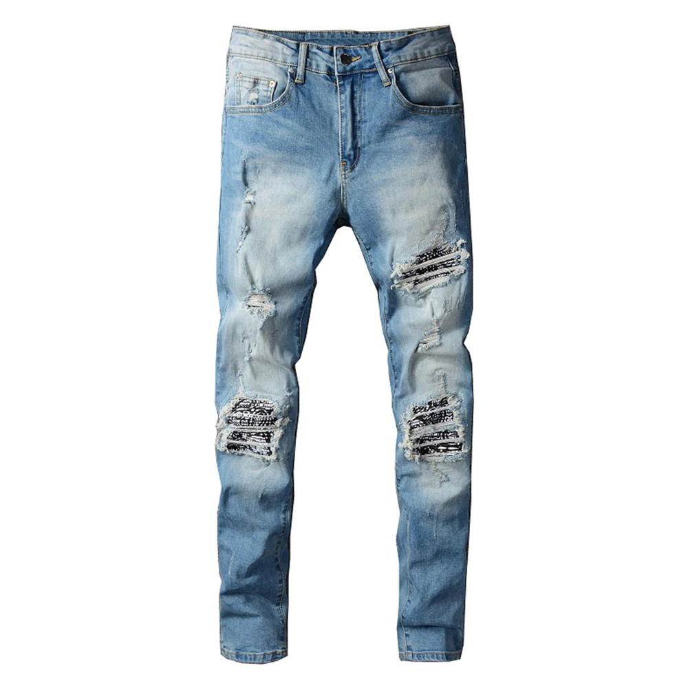 

Gzdeerax Для Мужчин's Бандана с принтом пейсли Лоскутная Рваные джинсы уличной тонкие узкие эластичные джинсовые штаны светильник синие брюки 40