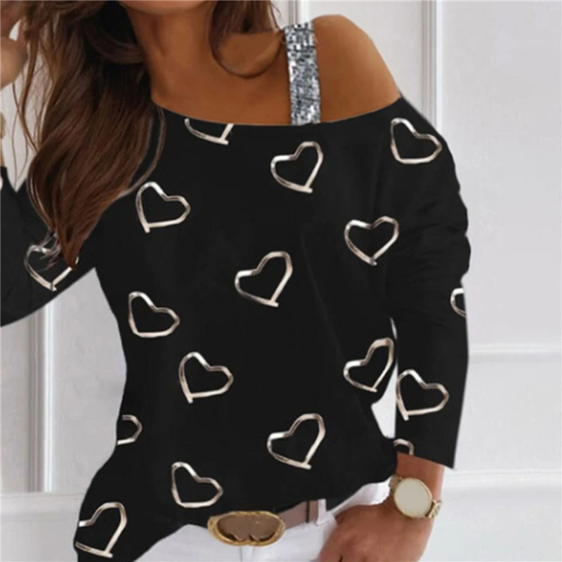 

2022 New Ladies Top Good Quality Fashion Hot Selling Women's Clothes Love Print Halter Strapless Sexy Long Sleeve Casual T-Shirt