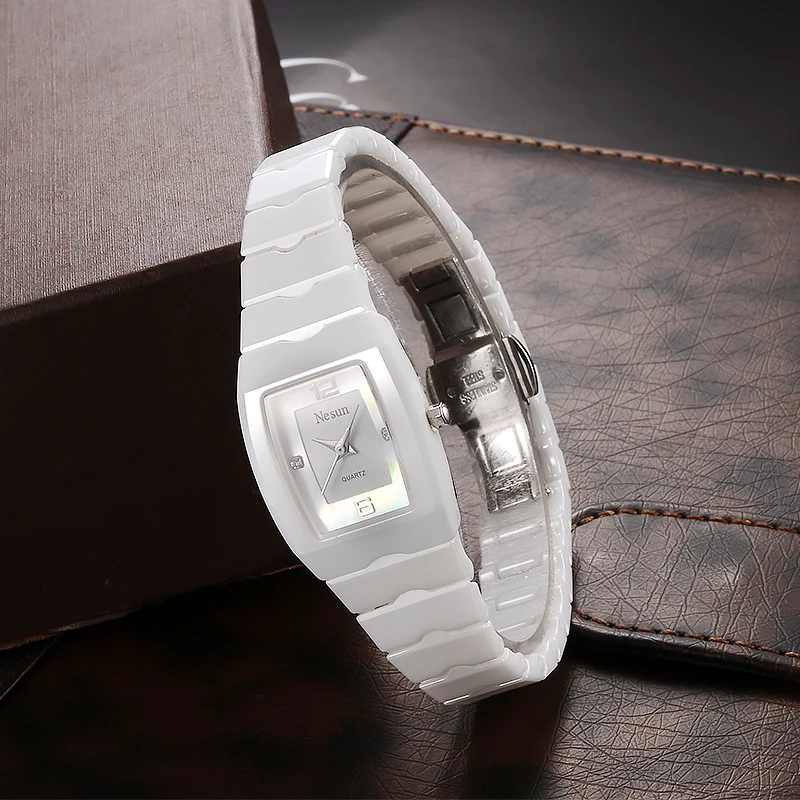 NESUN Oficial Women Japan Miyota Quartz Casual Wristwatches Ceramic Case Band Rectangle Rhinston For Gilrs Female Gift Clock Clo
