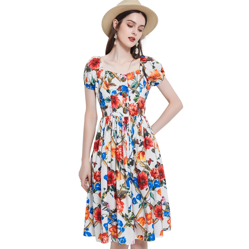 

Banulin 2021 Summer Runway Puff Sleeve Dress Women Beach Boho Petel Beading Buttons Backless Flower Print Short Dress N65107