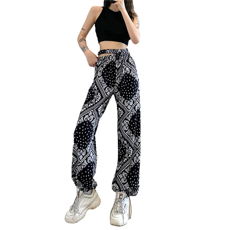 

2021 Women\u2019s Summer Straight Casual Trousers Fashion Printing Hollow High-waist Elastic Feet Long Pants
