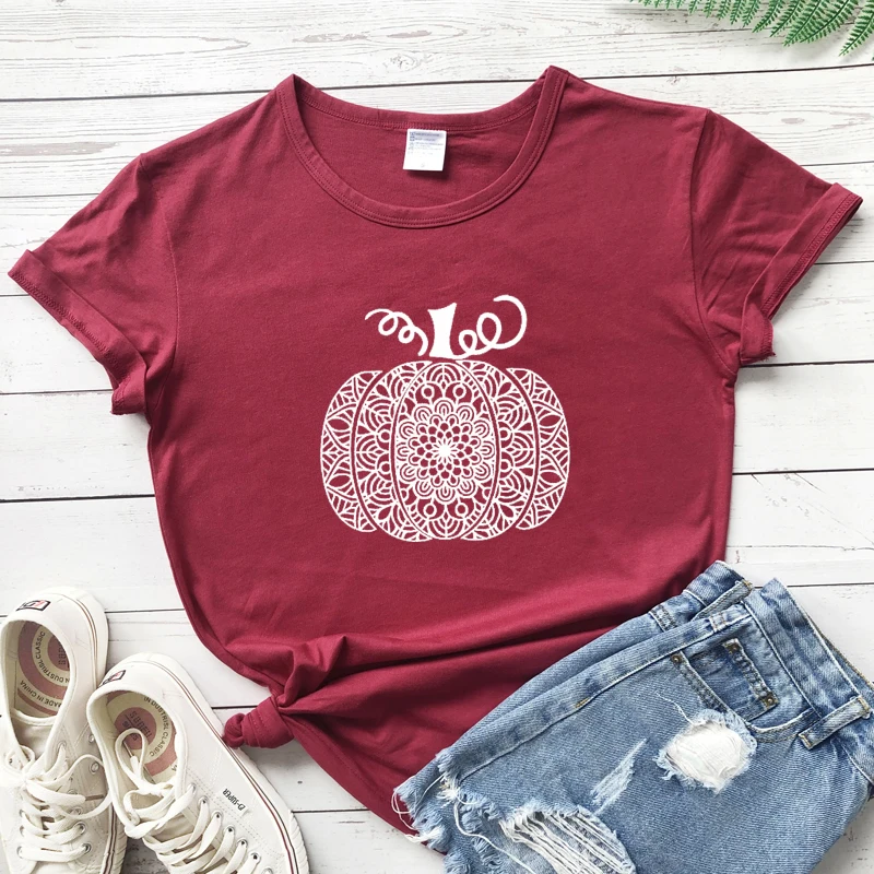 

Женская Винтажная футболка с изображением мандалы и тыквы, осенняя футболка с коротким рукавом на День Благодарения