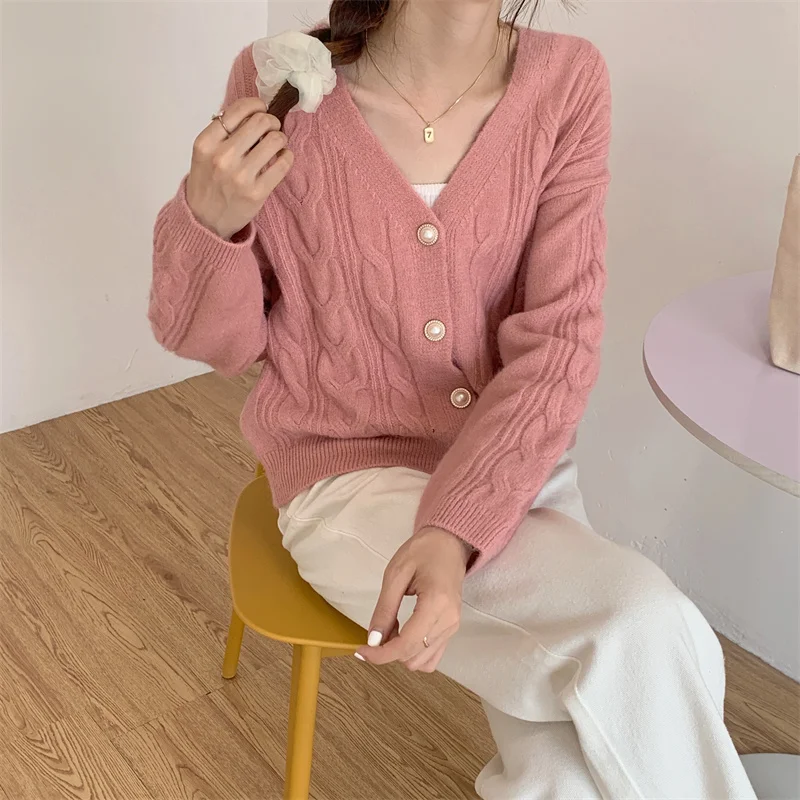 Pink Soft Sweater Cardigan Coat Spring Autumn 2021 Women's Gentle Short Top Rac |
