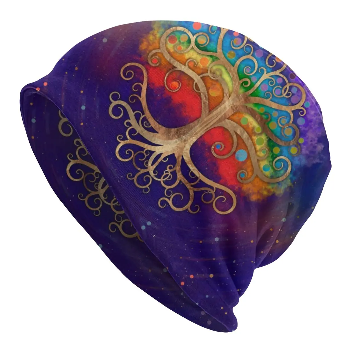 

Шапка «Древо жизни» с золотой завиткой и радугой, Женская крутая вязаная шапка для мужчин и женщин, осенне-зимние теплые облегающие шапки Ви...