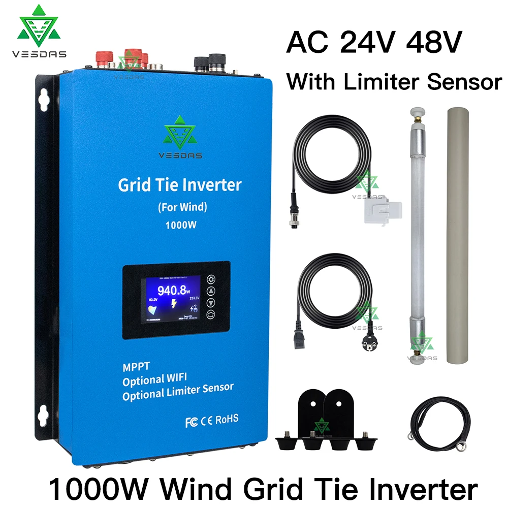 MPPT 1000W Grid Tie 3 Phrase Inverter Wind Power Microinverter Pure Sine Wave with limiter for 24V 48V AC wind turbine generator