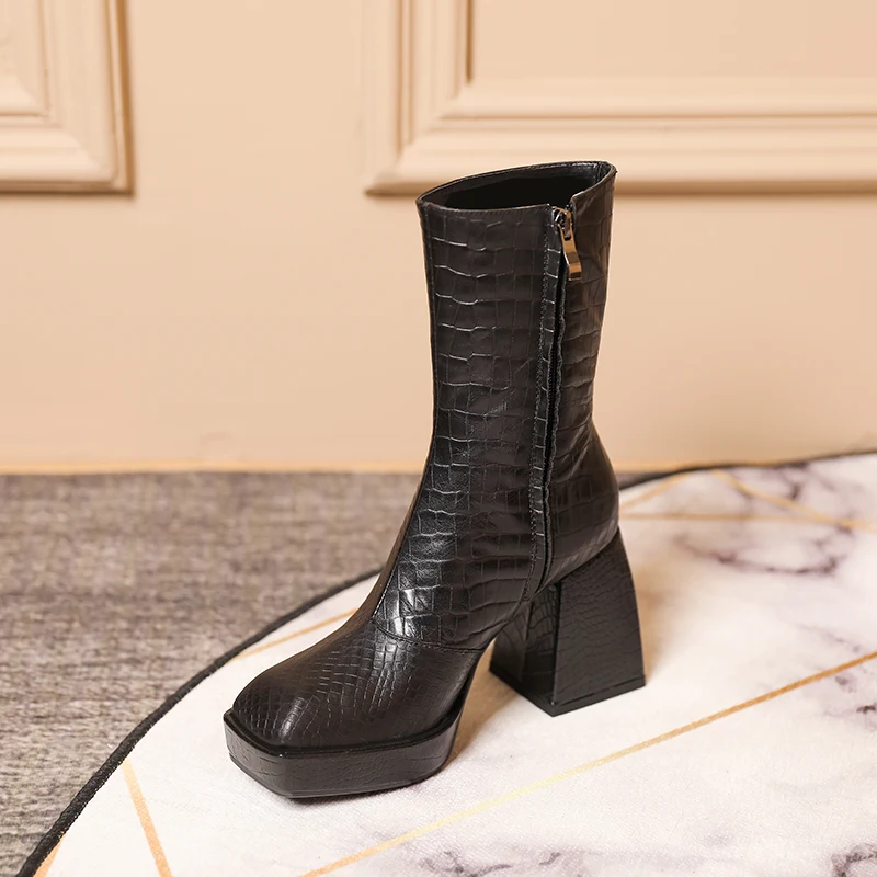 

MORAZORA 2021 Genuine Leather Boots Fashion Square Toe Platform High Heels Women Boots Autumn Winter Ankle Boots Black