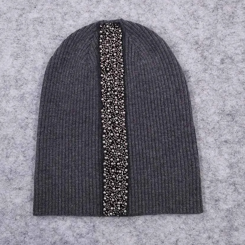 dark grey A GZHilovingL, новинка, весенние хлопковые эластичные полосатые шапочки, шапки для женщин, мягкая шерсть, Перламутровые Бусины, ремешок, вязанные шапочки и шапки - Цвет: dark grey A