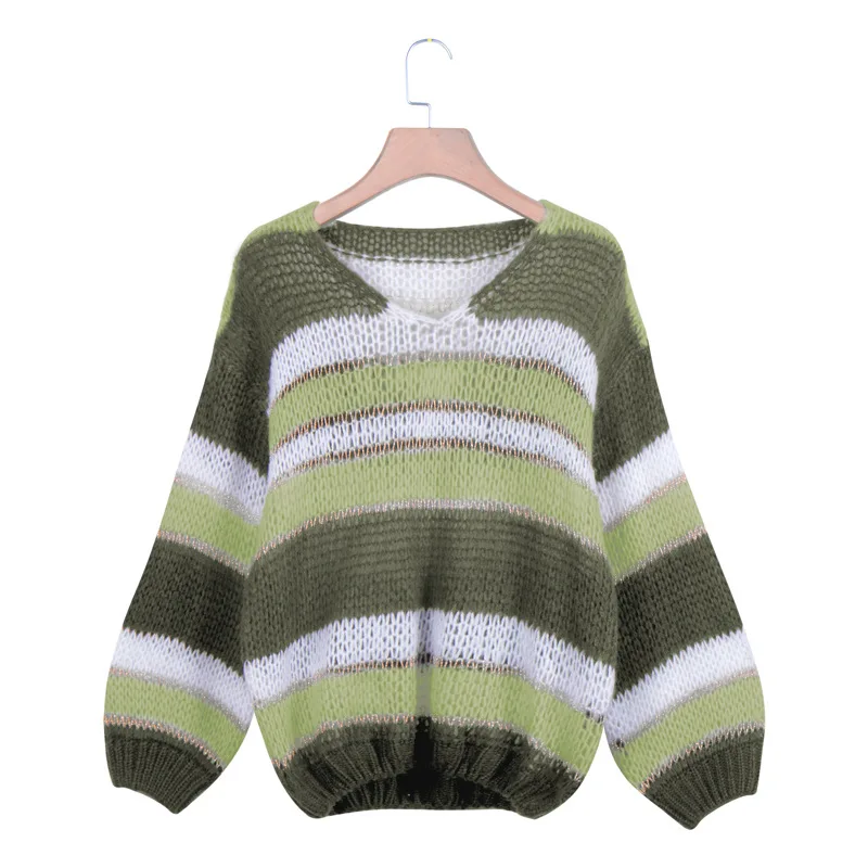 Женский трикотажный пуловер OMCHION Pull Femme повседневный винтажный в полоску с