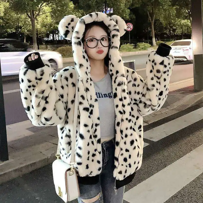 Fashion Sweet and Soft Thick Warm Jacket Women Streetwear Faux Fur Leopard Print Spotted Hooded Bear Ear Cute Plush Jacket