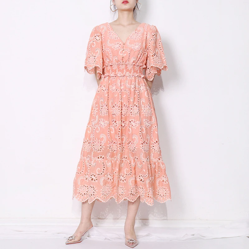 

TWOTWINSTYLE Elegant Hollow Out Black Dress For Women V Neck Short Sleeve High Waist Solid Dress Female Fashion New Clothing