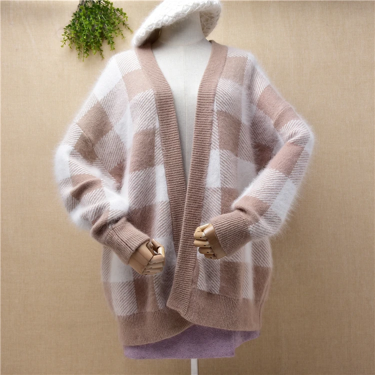 

ladies women fall winter thick warm angora rabbit hair knitted long sleeves plaid loose lazy oaf cardigans jacket coat sweater