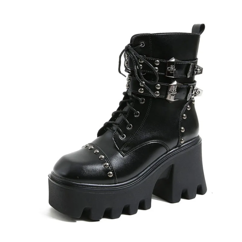 

European and American style thick heel rivet boots winter short boots thick soled Martin boots women's high heels shoes
