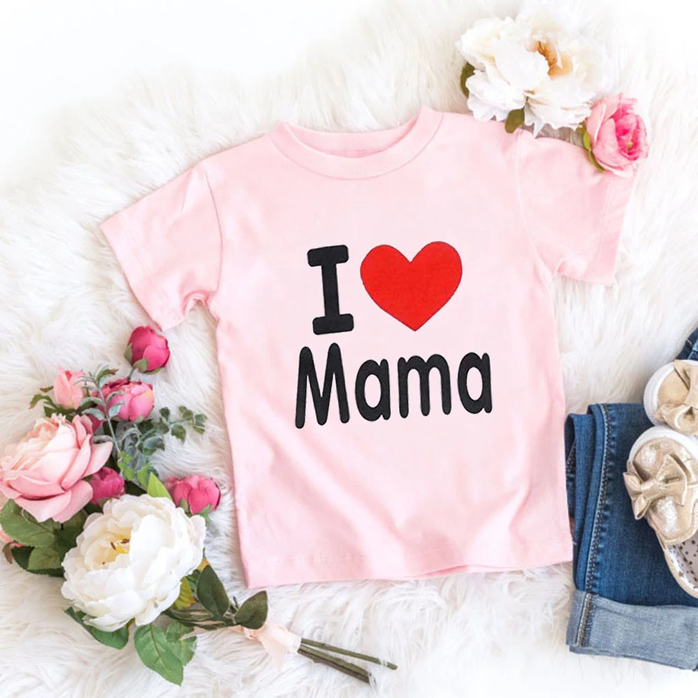 Летние новые модные розовые футболки с коротким рукавом I Love Mama Papa Me Детская