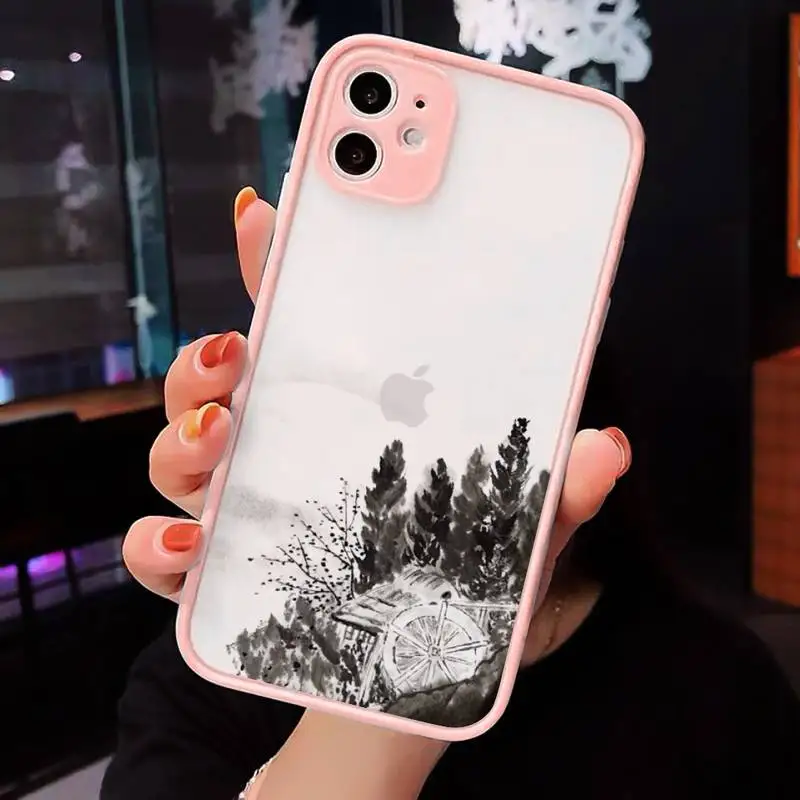 

Chinese style ink painting abstract Phone Case For iPhone 12 11 Mini Pro XR XS Max 7 8 Plus X Matte transparent Pink Back Cover