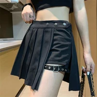 gothic harajuku pleated skirts women with leg ring black high waist short skirt summer punk casual mini skirt punk