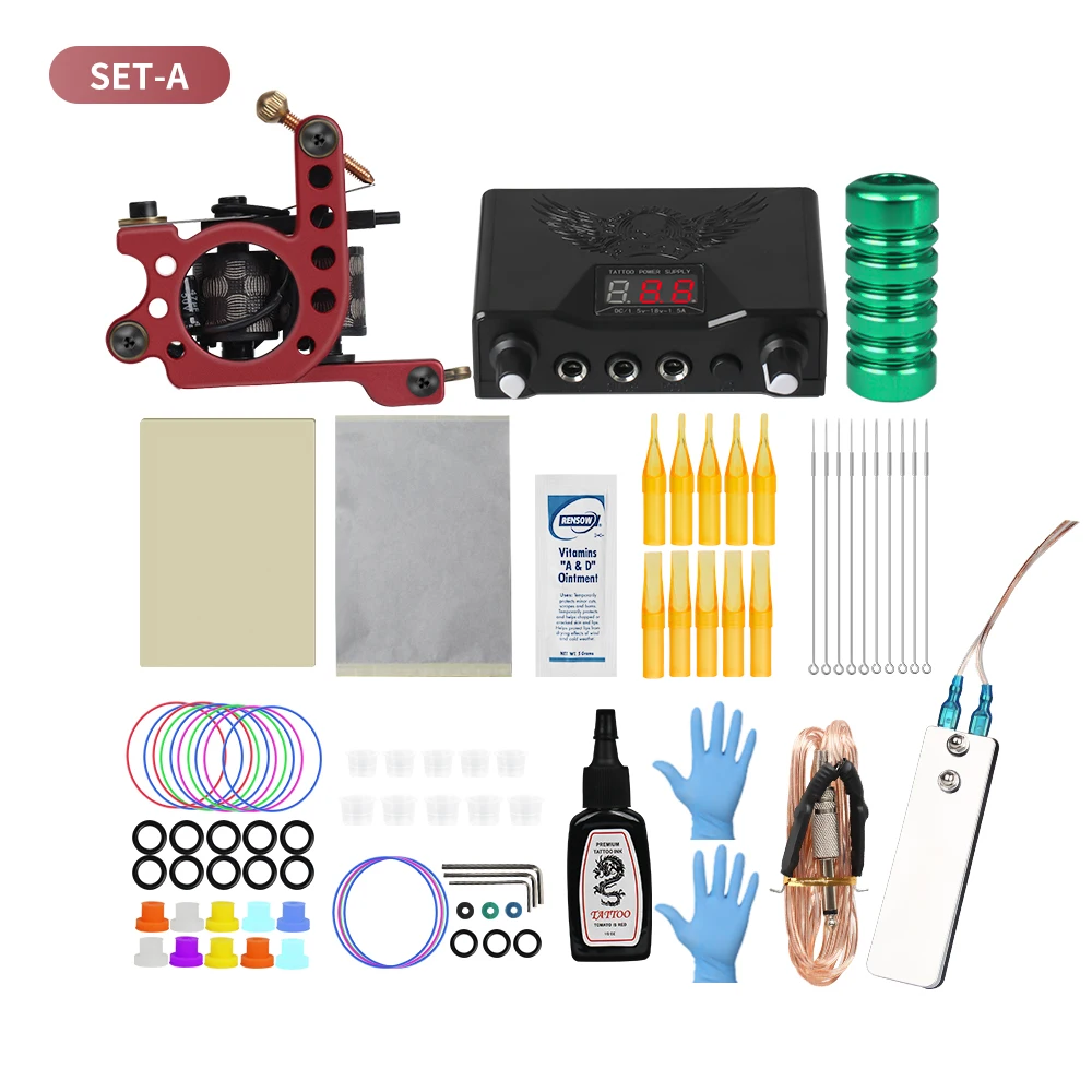 One machine kit Полный комплект для татуировки, набор для татуировки, электропитание, иглы, профессиональная машина для татуировки, набор для начинающих - Color: One machine kit