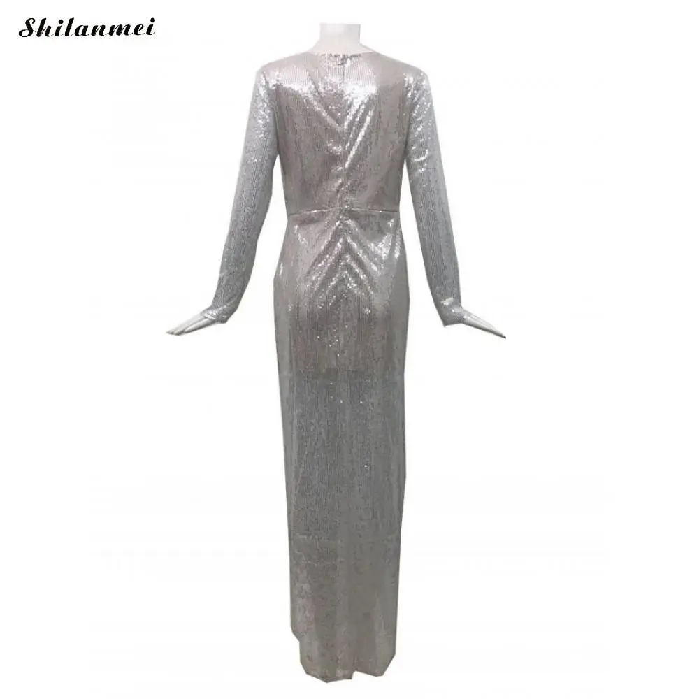 Женское вечернее платье с блестками блестящее облегающее серебристое длинным