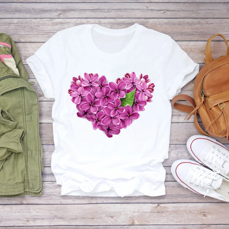 

Womens T-shirts Ladies Butterfly Love Heart Valentine Fashion Flower Floral Women Print Ladies Top T Graphic Female Tee T-Shirt
