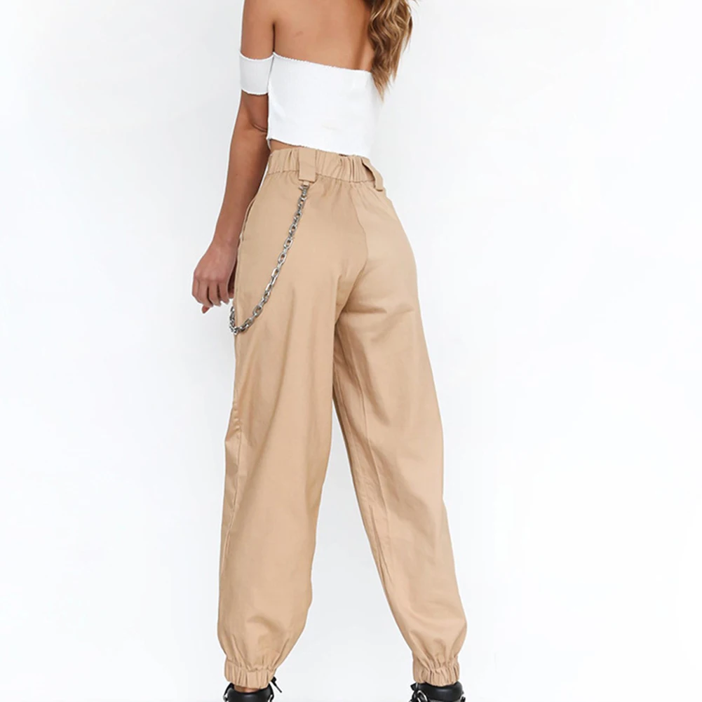 

Trousers Women Solid Color Loose Elastic Pocket Cargo Pantswith Chain Loose Pants Hip Pop Trousers S